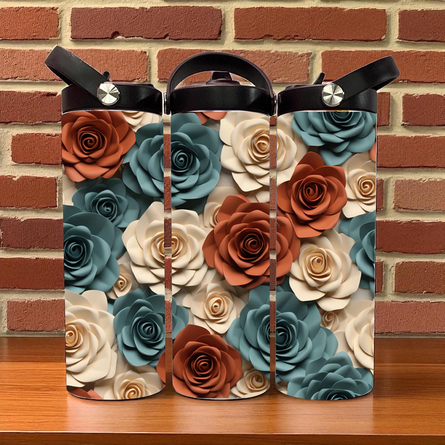 3D Rose Flower Tumbler - Blue and Beige 20 oz Stainless Steel