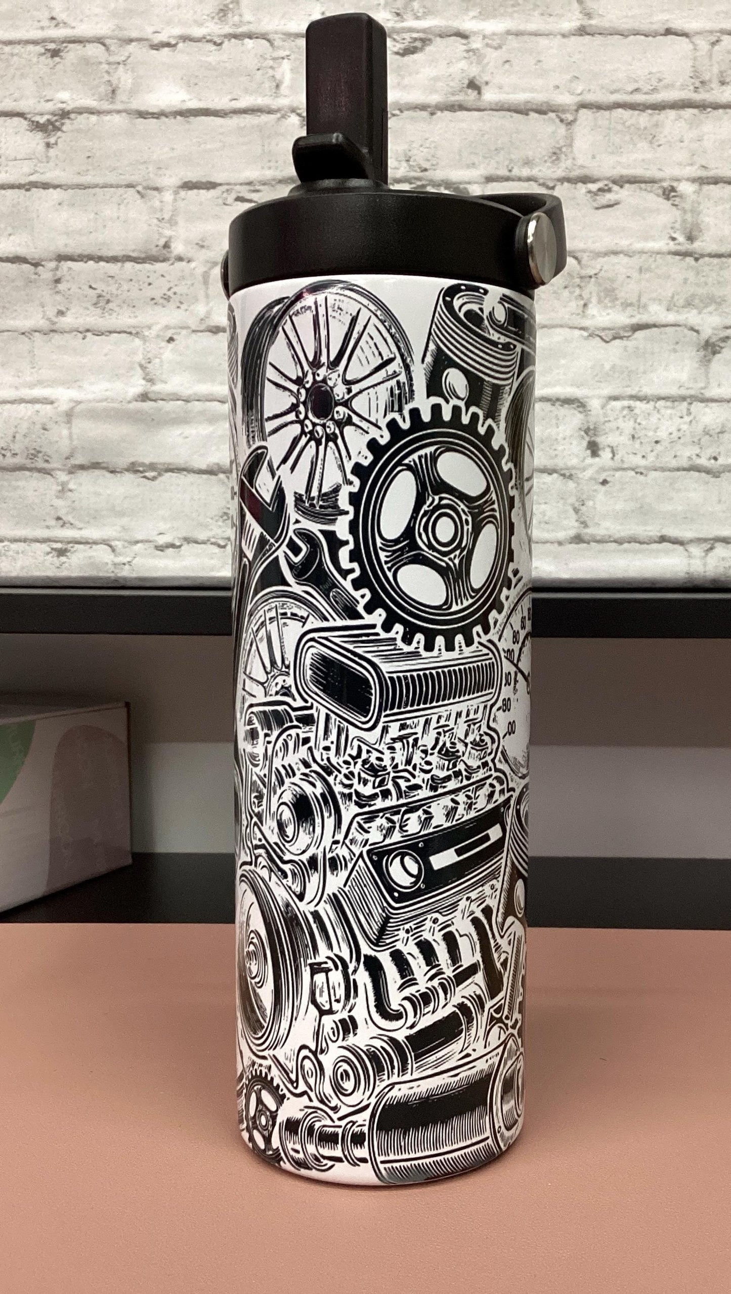 Gearhead Car Engine Tumbler: Black & White Design, 20oz