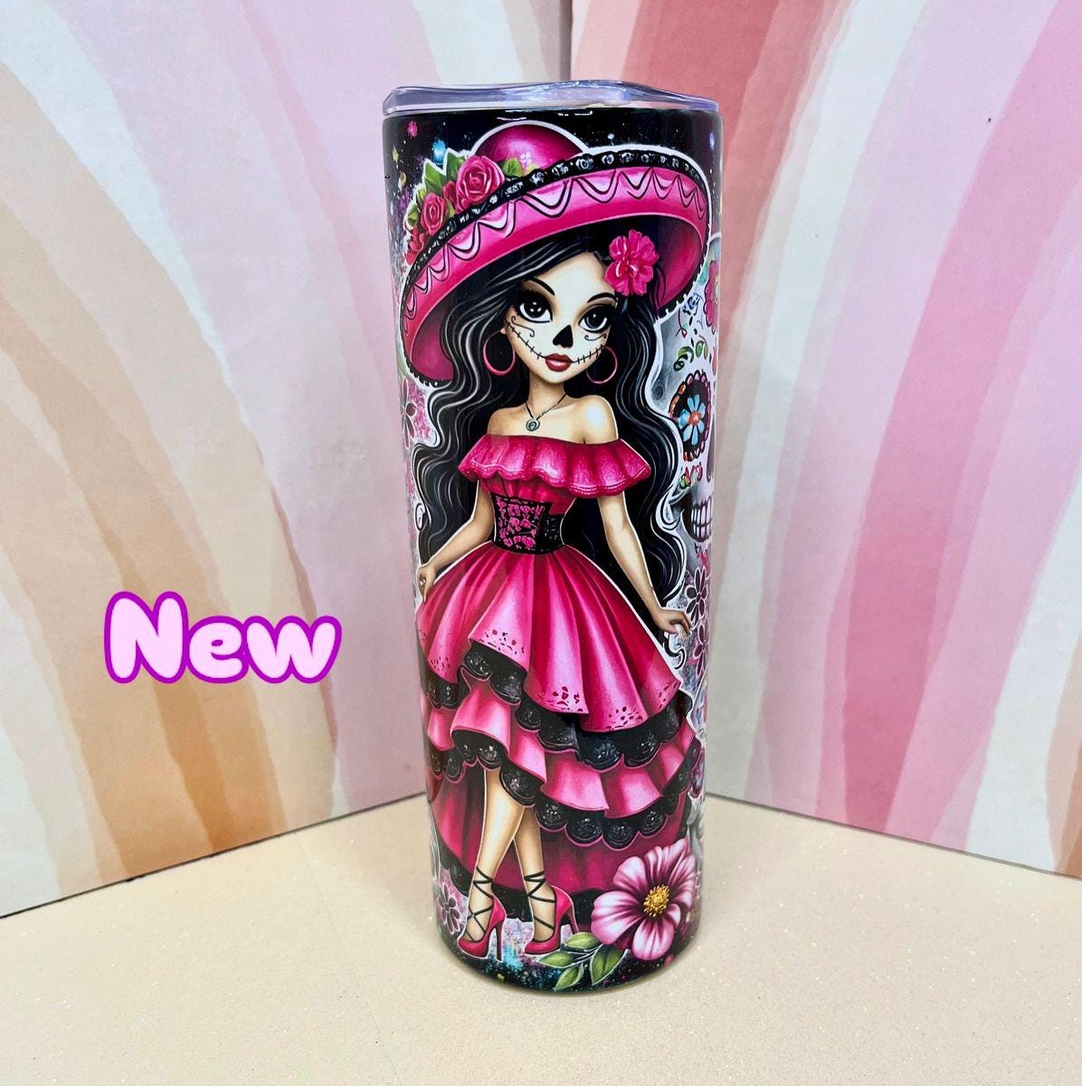 Pretty Pink Mexican Day of the dead tumbler 20 oz, Pink Tumbler Design Mexican Culture
