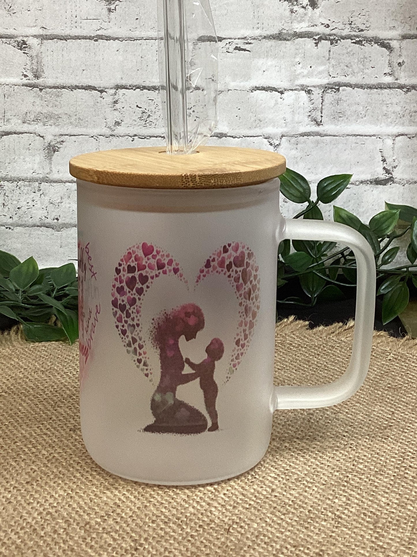 Mom Frosted Glass Mug with Handle 16 oz Bamboo Lid and Straw