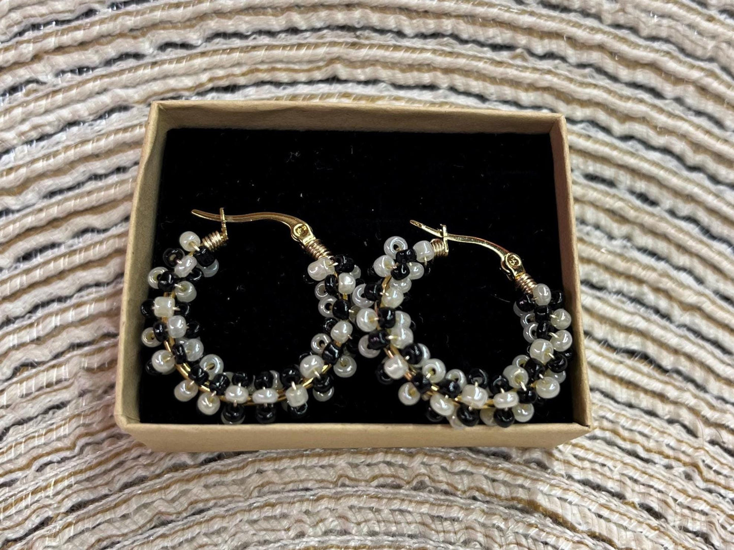 Elegant Black and Beige Beaded Hoop Earrings