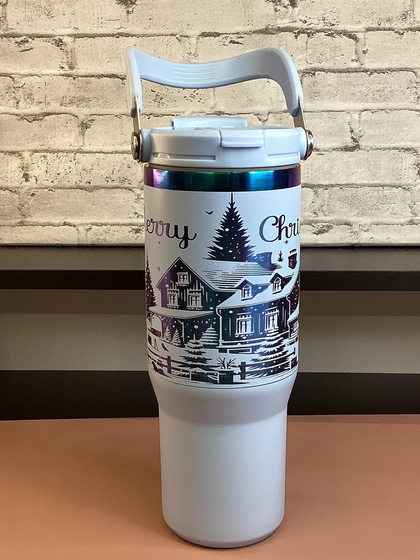 Laser Engraved Christmas Tumbler: Blue Winter Scene, 30oz Insulated