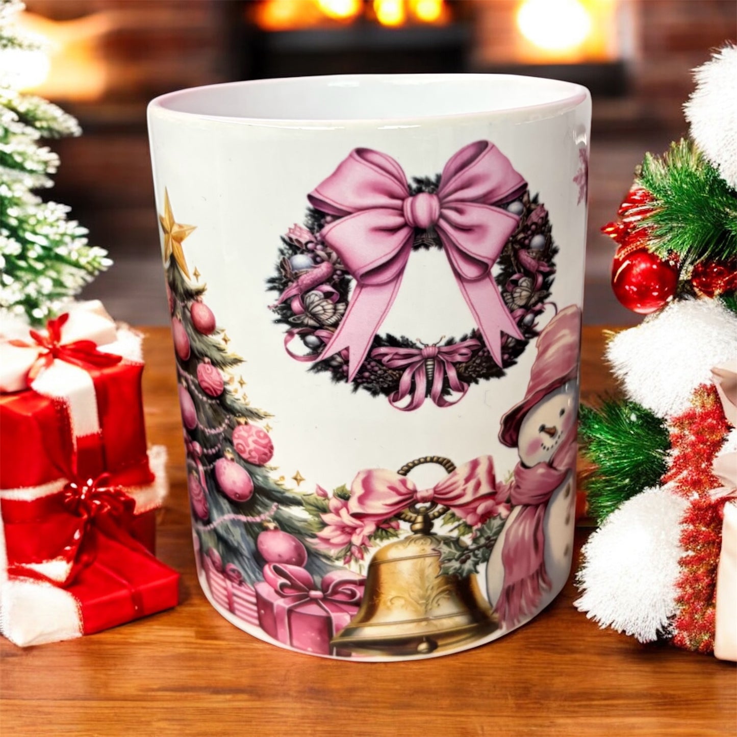 Elegant 11 oz mug featuring charming pink snowman Christmas
