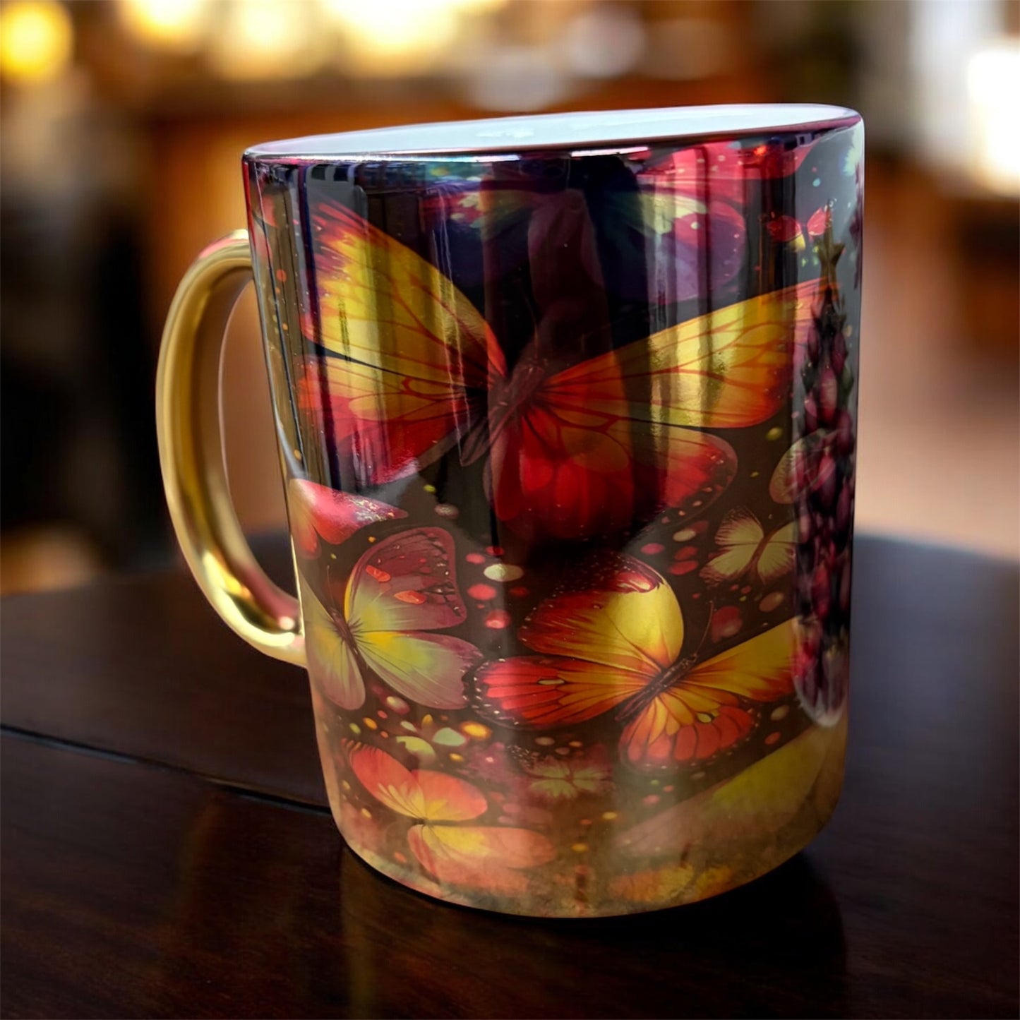 11 oz Metallic Gold Mug showcases detailed Butterfly Design
