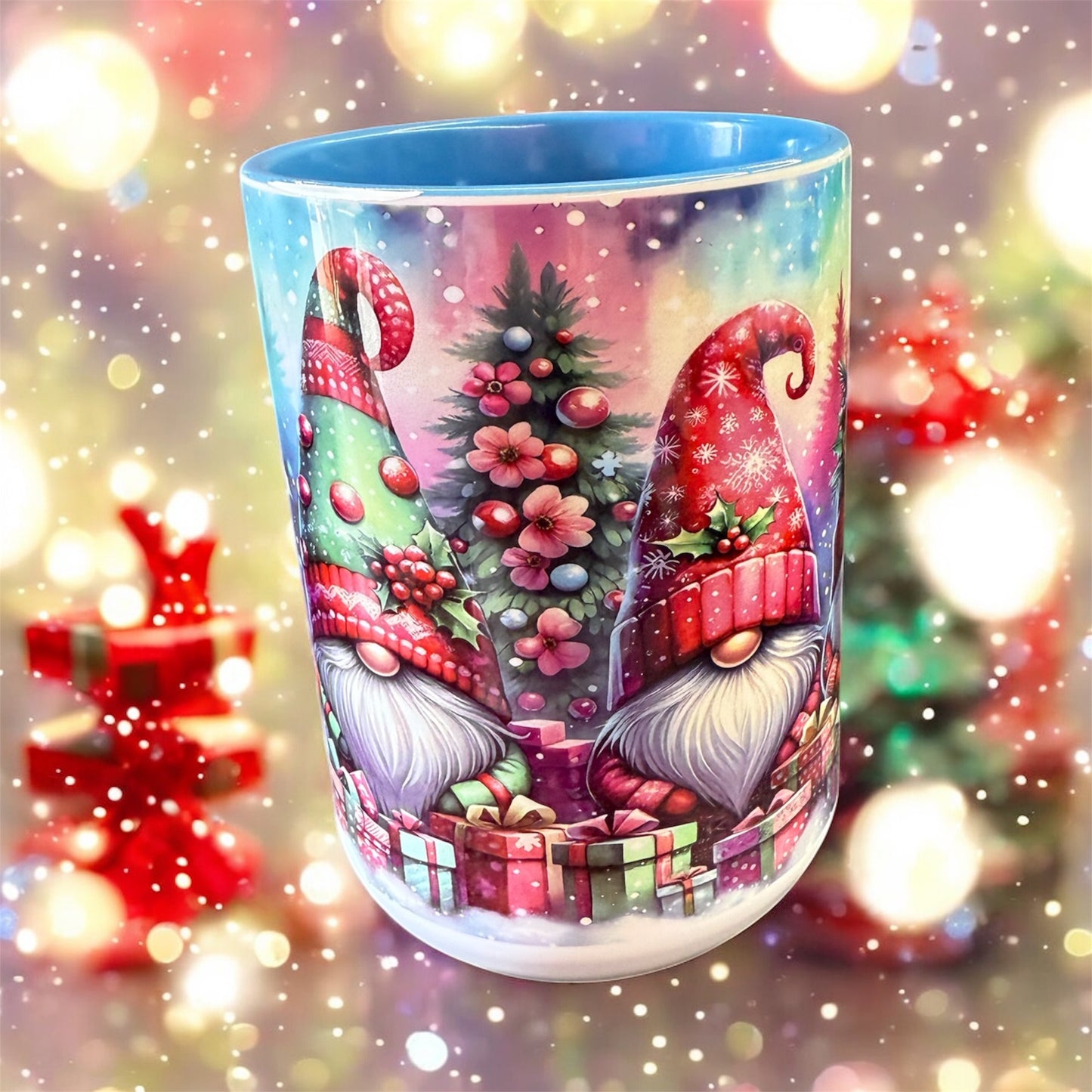 Charming 15 oz ceramic mug featuring a delightful gnome Christmas design.