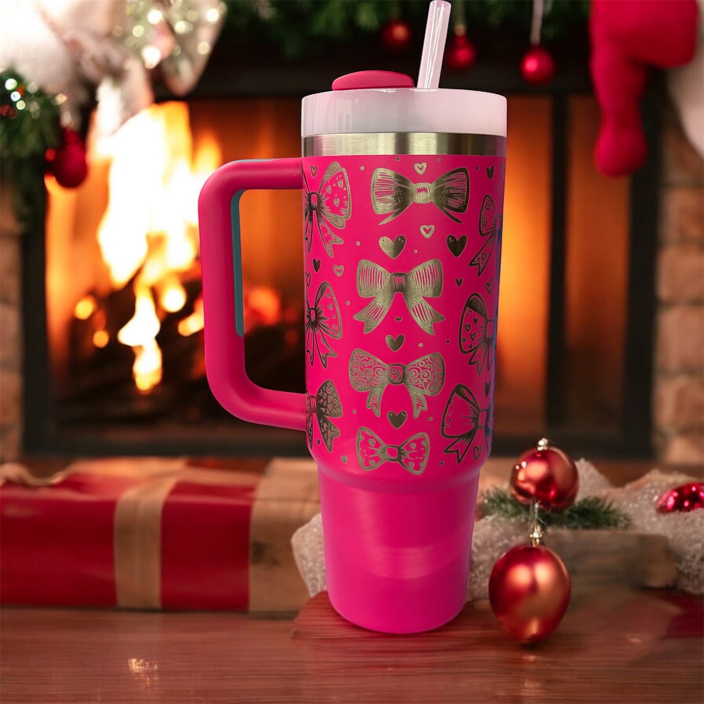 Pink 30 oz Stanley tumbler Laser engraved bow design