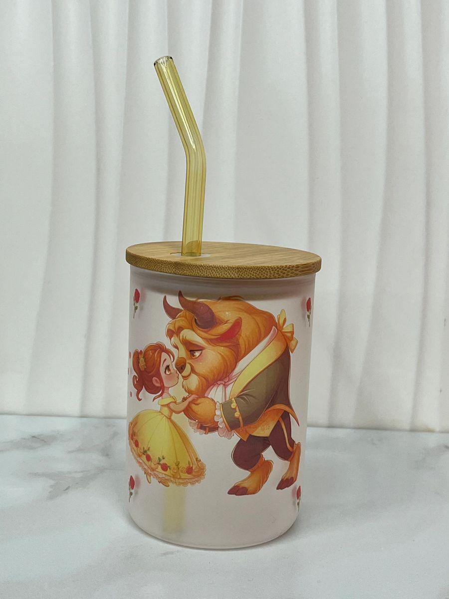 Beauty and the Beast Kiss Mug: Frosted Glass Beer Can with Bamboo Lid