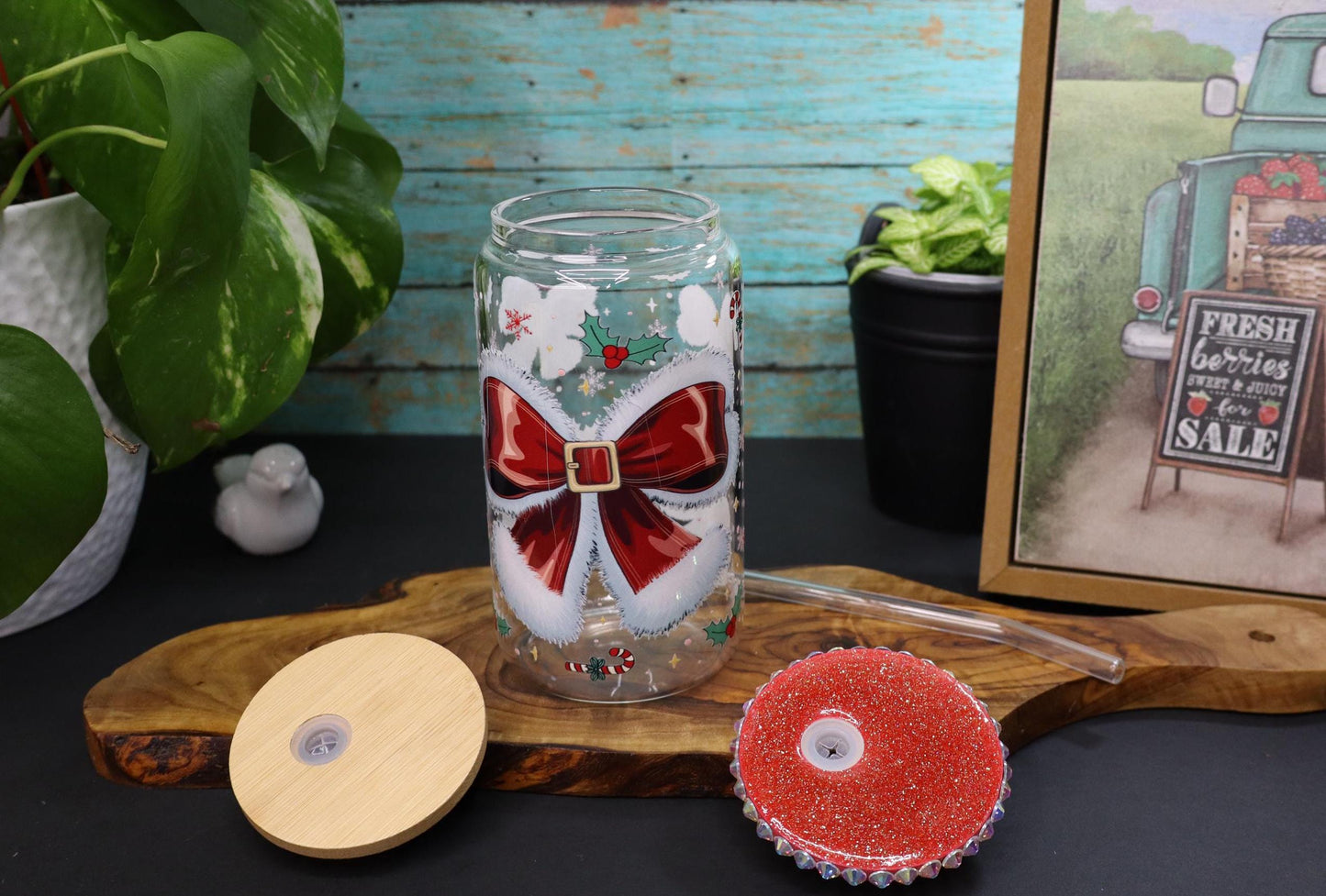 Glass Mug with Red resin and Rhinestone Lid and Straw