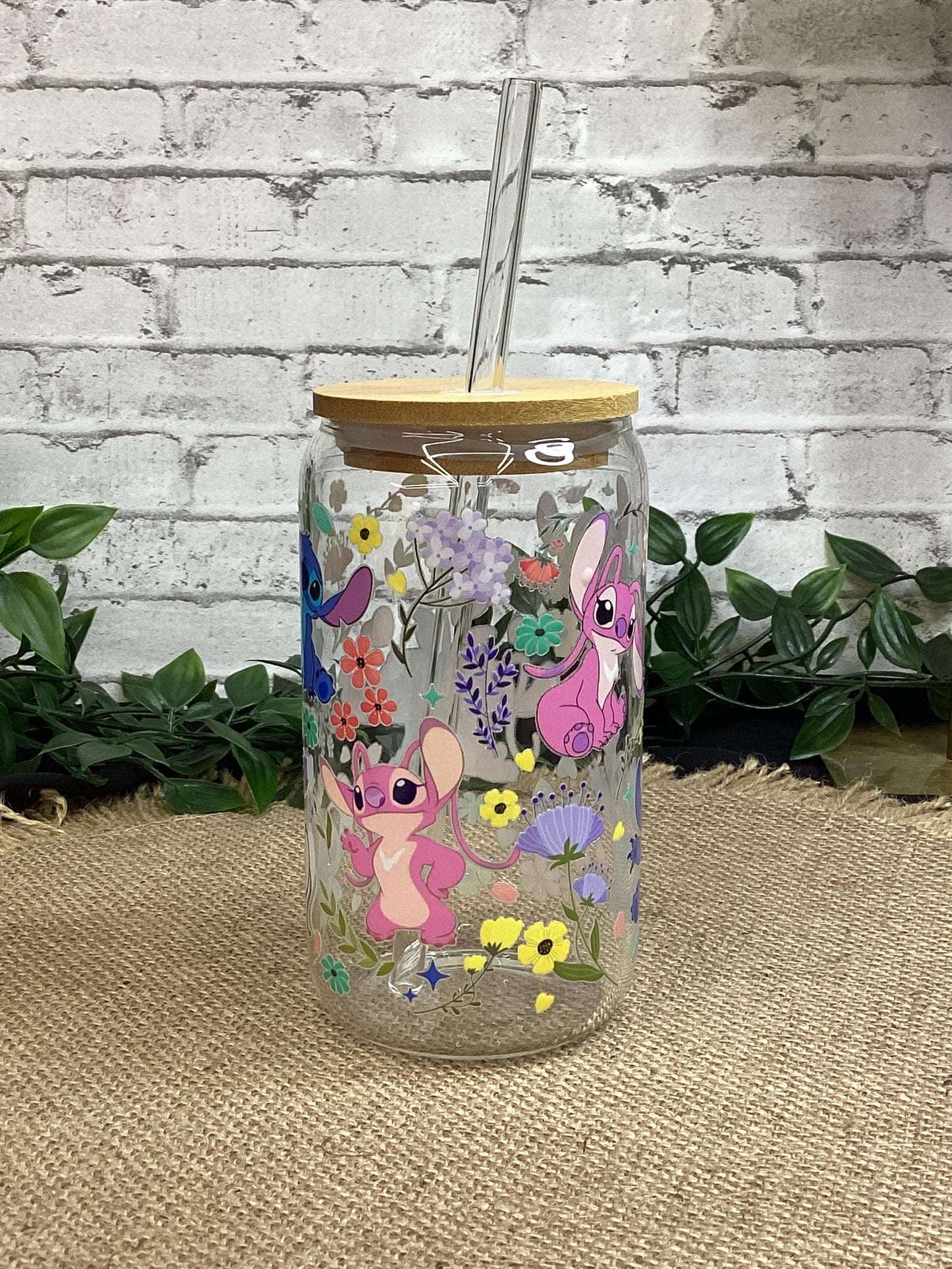 Little Stitch Glass Mug 16 oz w/ straw - Stitch and flowers Glass Can