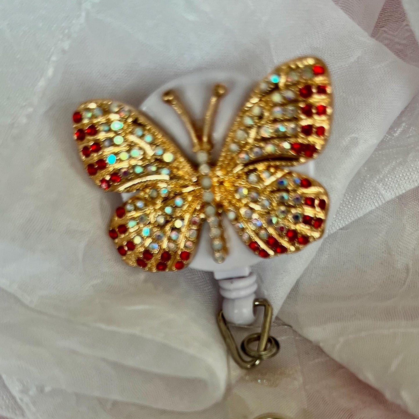 Butterfly Rhinestone Badge Reel: Bling ID Holder Clip