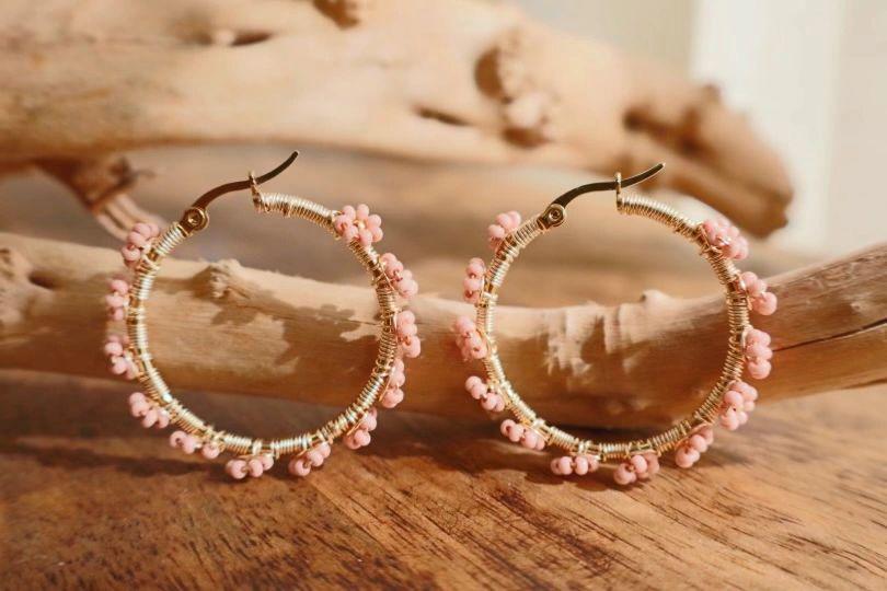 Beautiful Light Pink Beaded Hoop Earrings