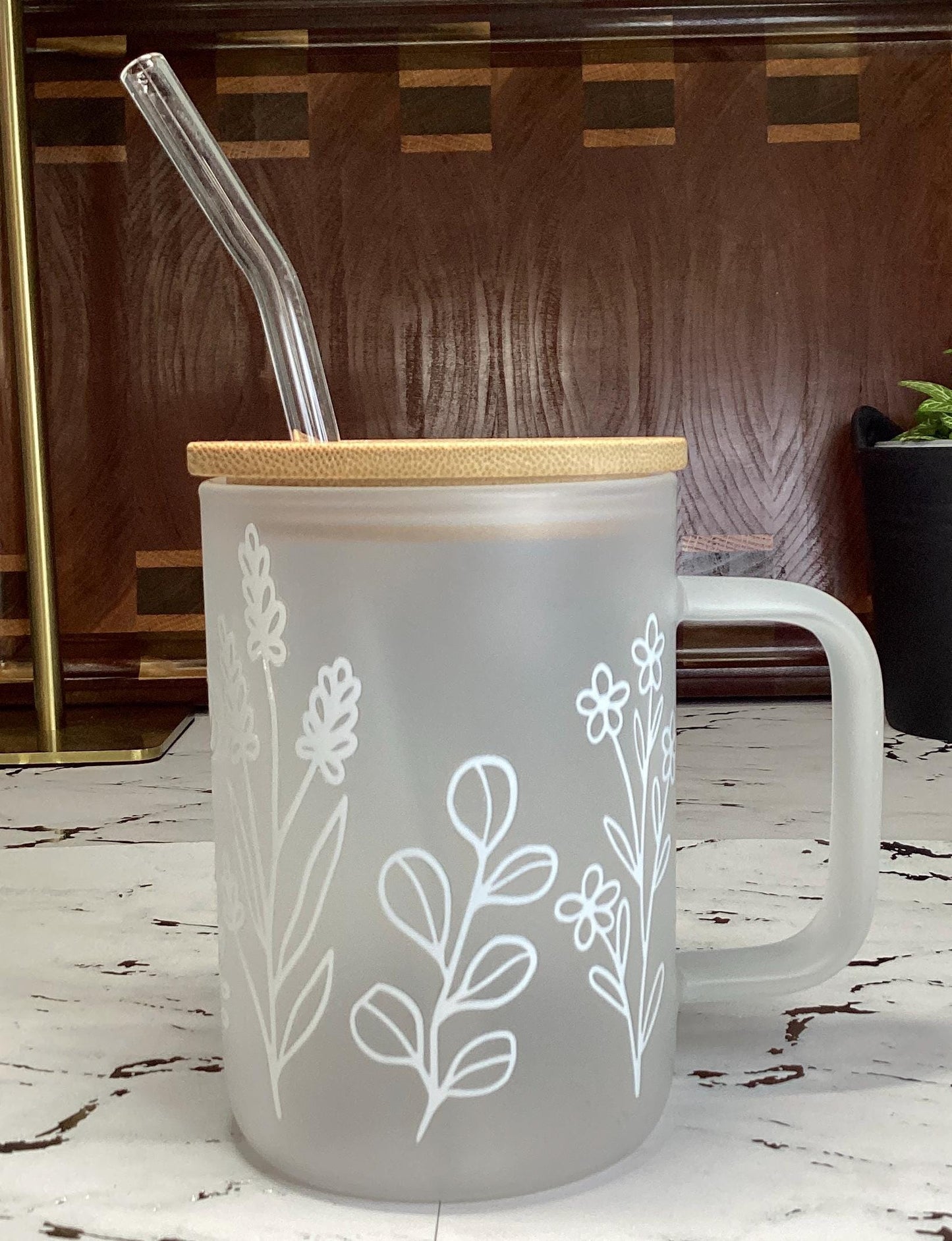 Frosted Glass Mug: 16 oz Floral Design, Birthday Gift