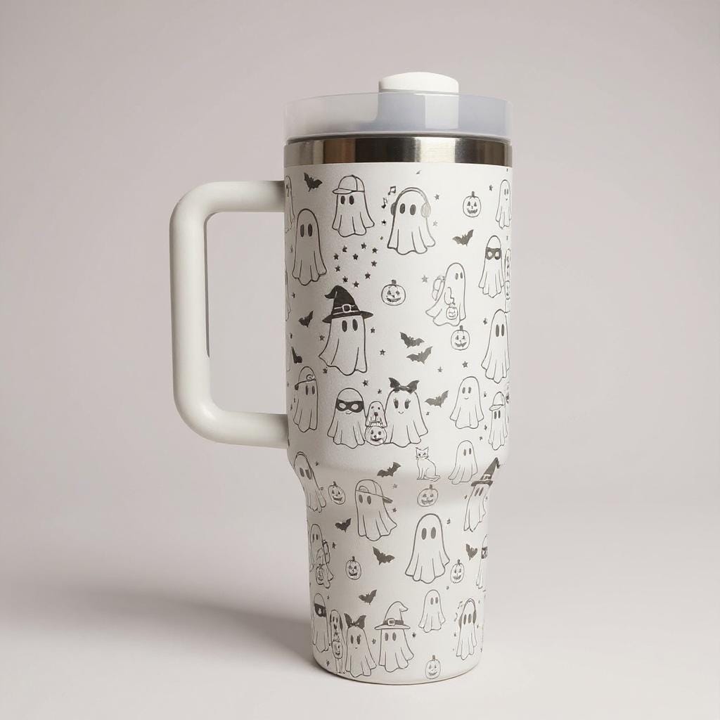 Fun Halloween Ghost  tumbler 40 oz  Laser Engraved - White and silver tumbler with Handle