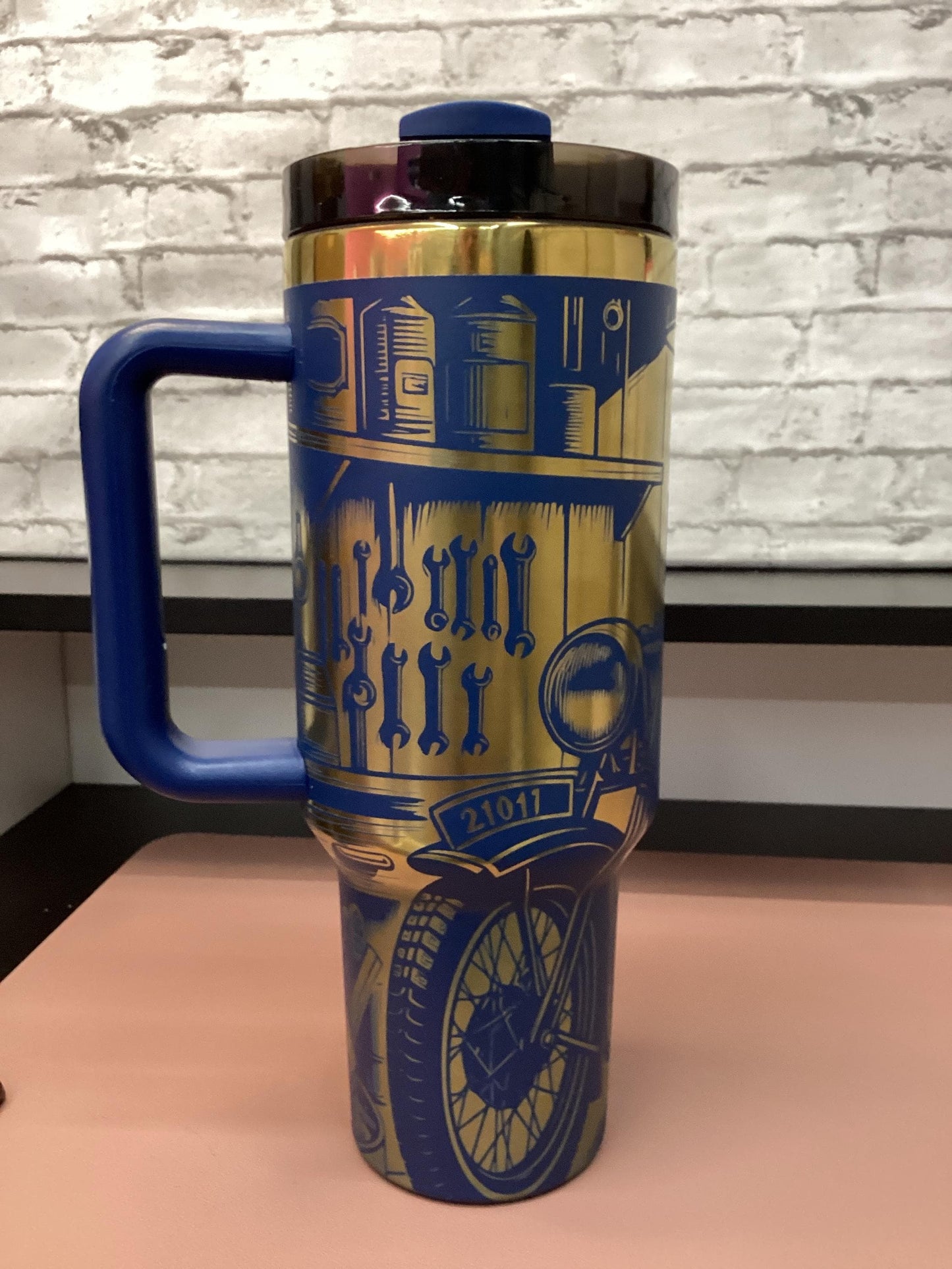 Blue Tumbler 40 oz Mechanic Garage Motorcycle Laser Engraved