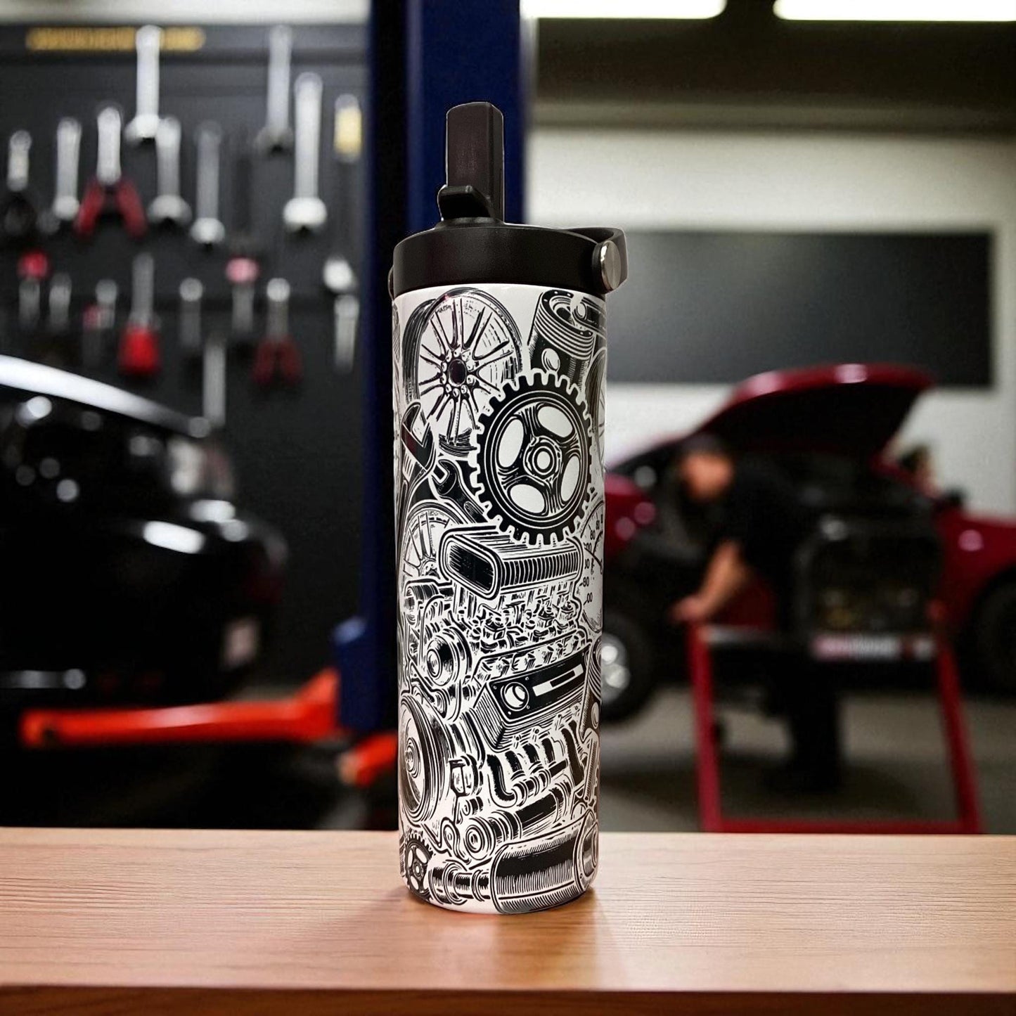 Gearhead Car Engine Tumbler: Black & White Design, 20oz