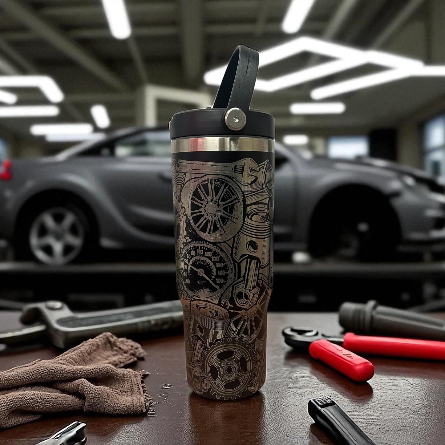 Auto Engine Parts Tumbler: Laser Engraved Gearhead Design 30 oz tumbler