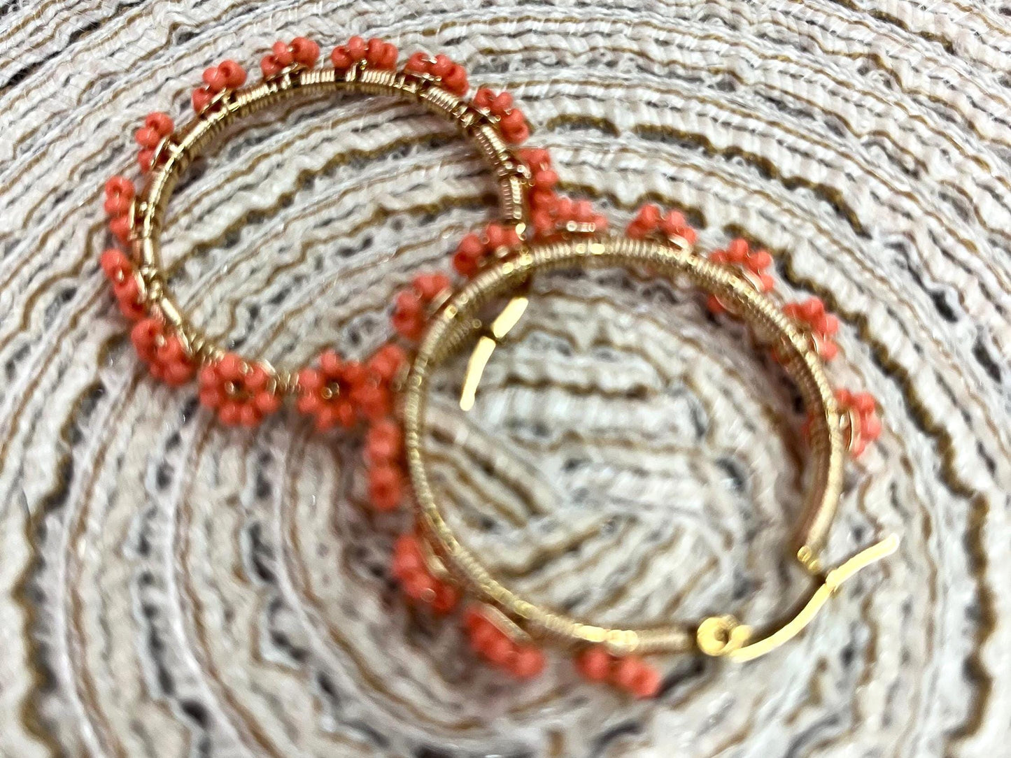 Fantastic Orange Beaded Flower Earrings with Gold Hooks