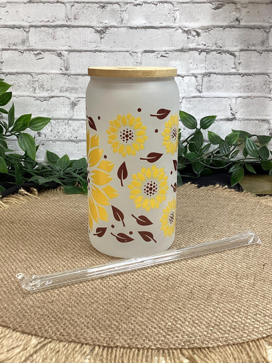 Yellow Flower Frosted Glass Mug 16 oz