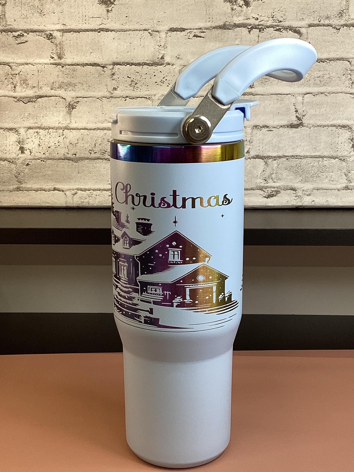 Laser Engraved Christmas Tumbler: Blue Winter Scene, 30oz Insulated