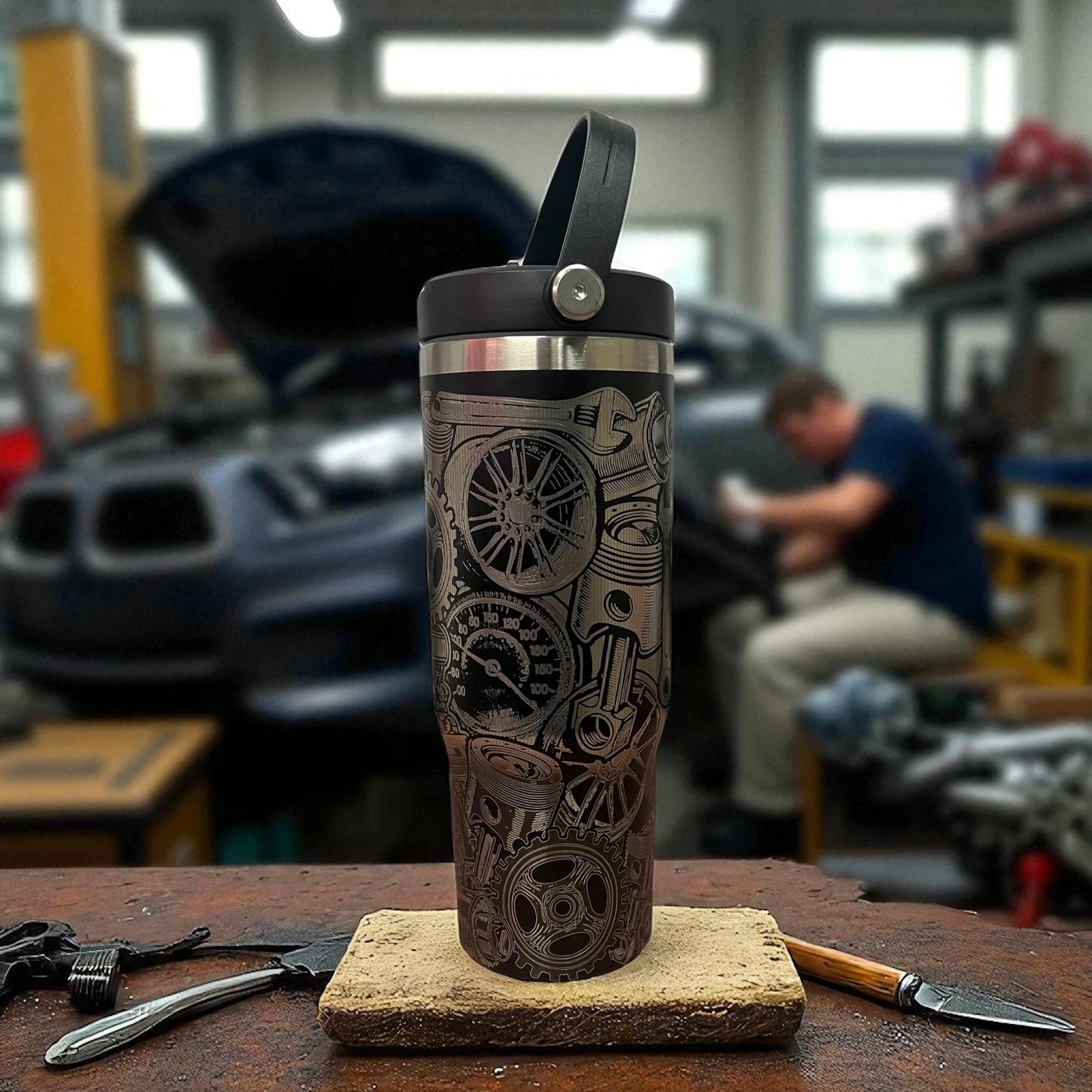 Auto Engine Parts Tumbler: Laser Engraved Gearhead Design 30 oz tumbler