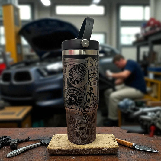 Auto Engine Parts Tumbler: Laser Engraved Gearhead Design 30 oz tumbler