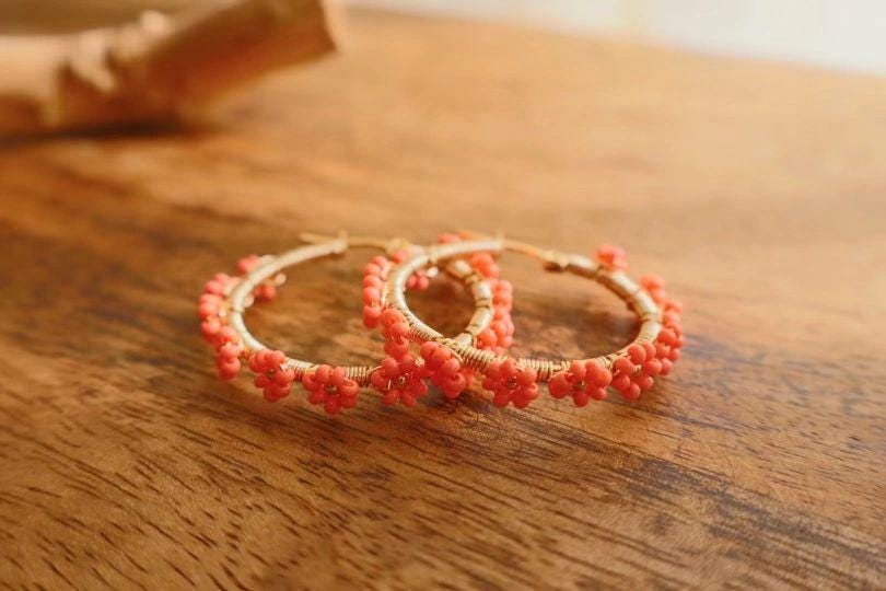 Fantastic Orange Beaded Flower Earrings with Gold Hooks