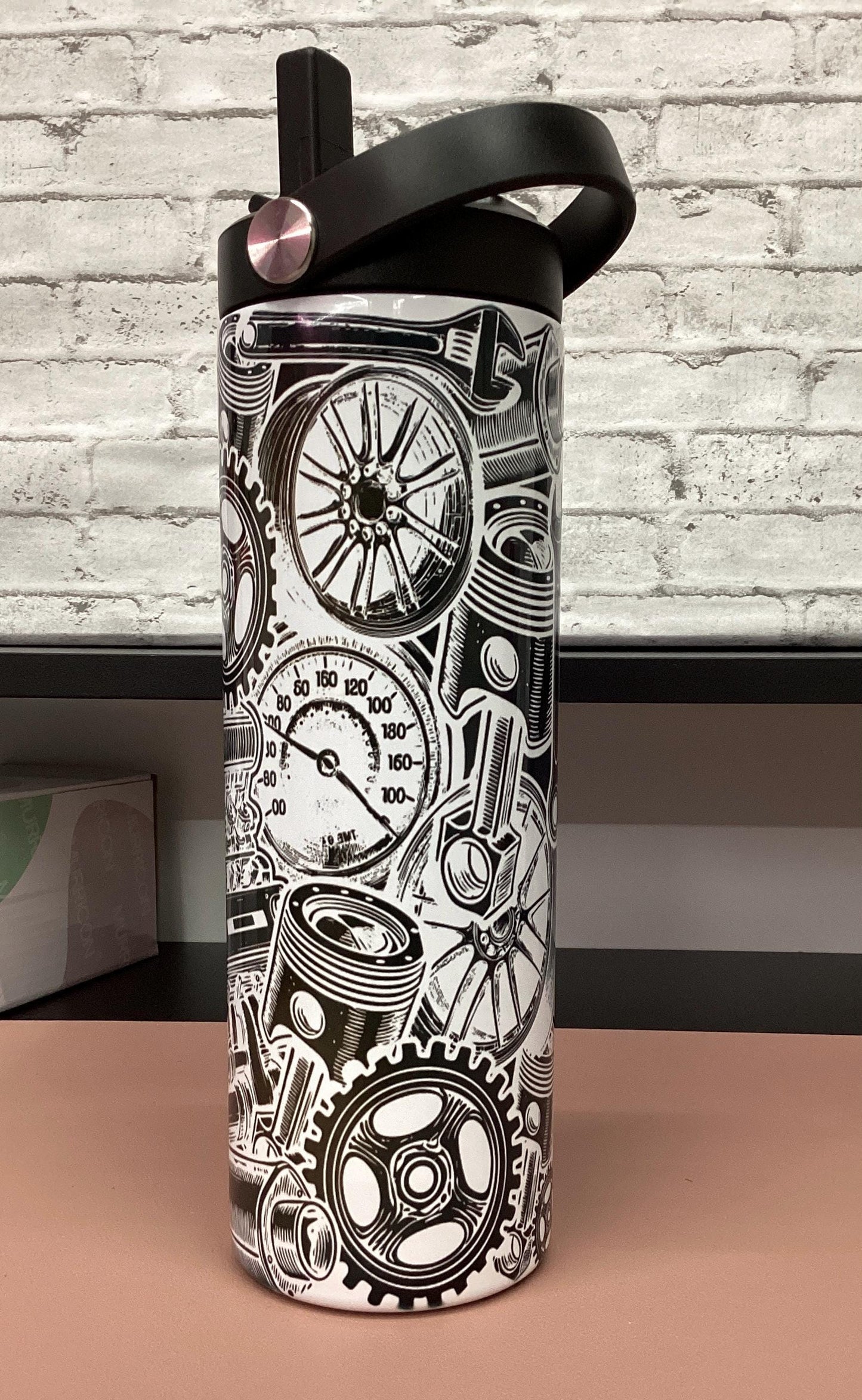 Gearhead Car Engine Tumbler: Black & White Design, 20oz