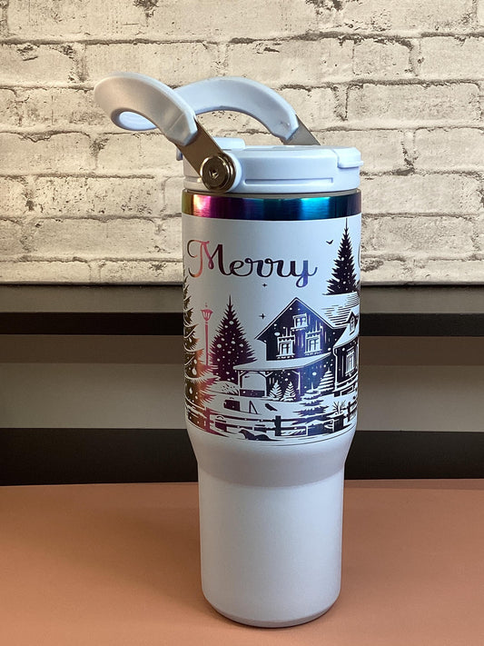 Laser Engraved Christmas Tumbler: Blue Winter Scene, 30oz Insulated