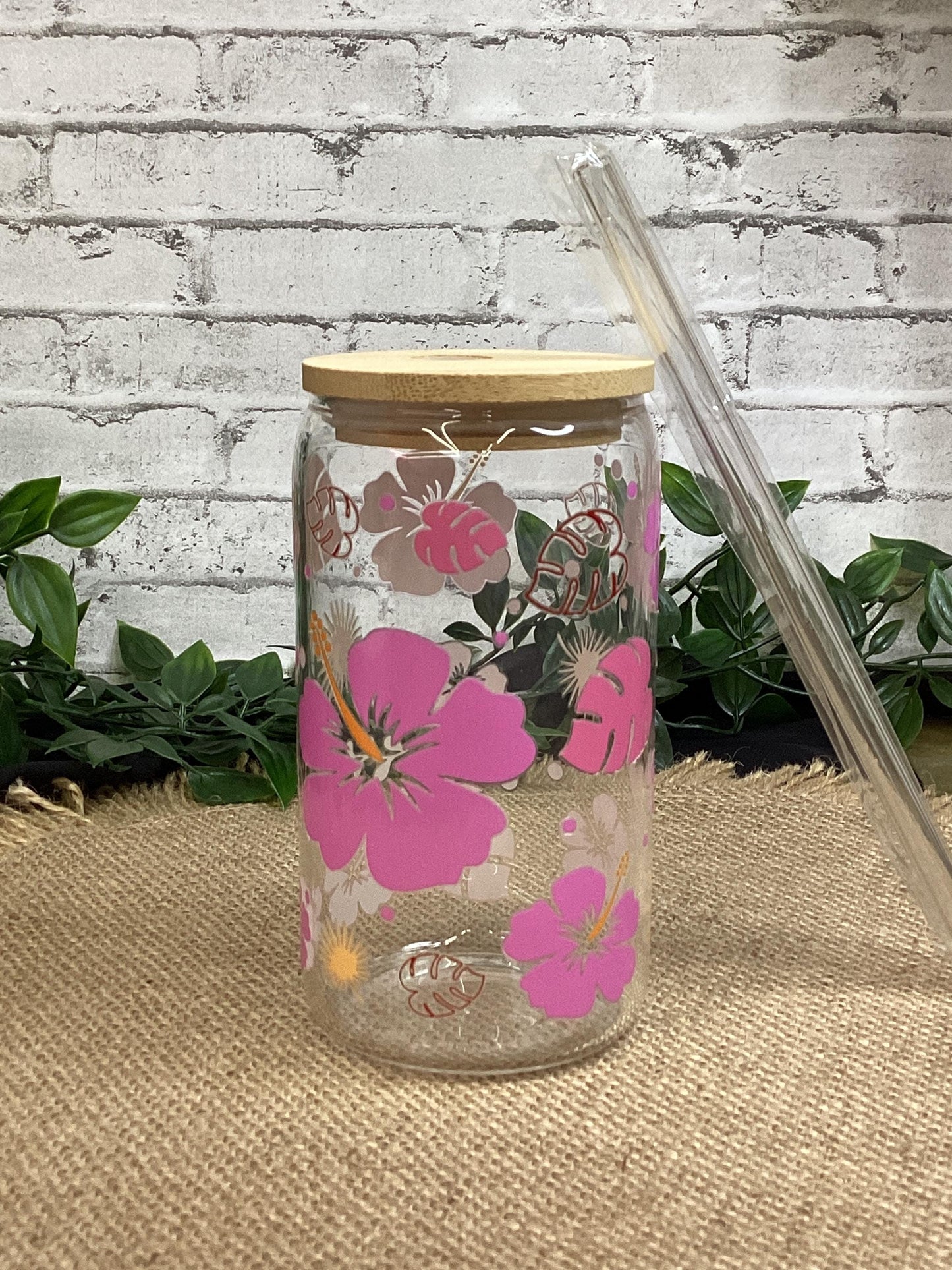 Pink Flower Glass Mug 16 oz, Bamboo Lid w/straw