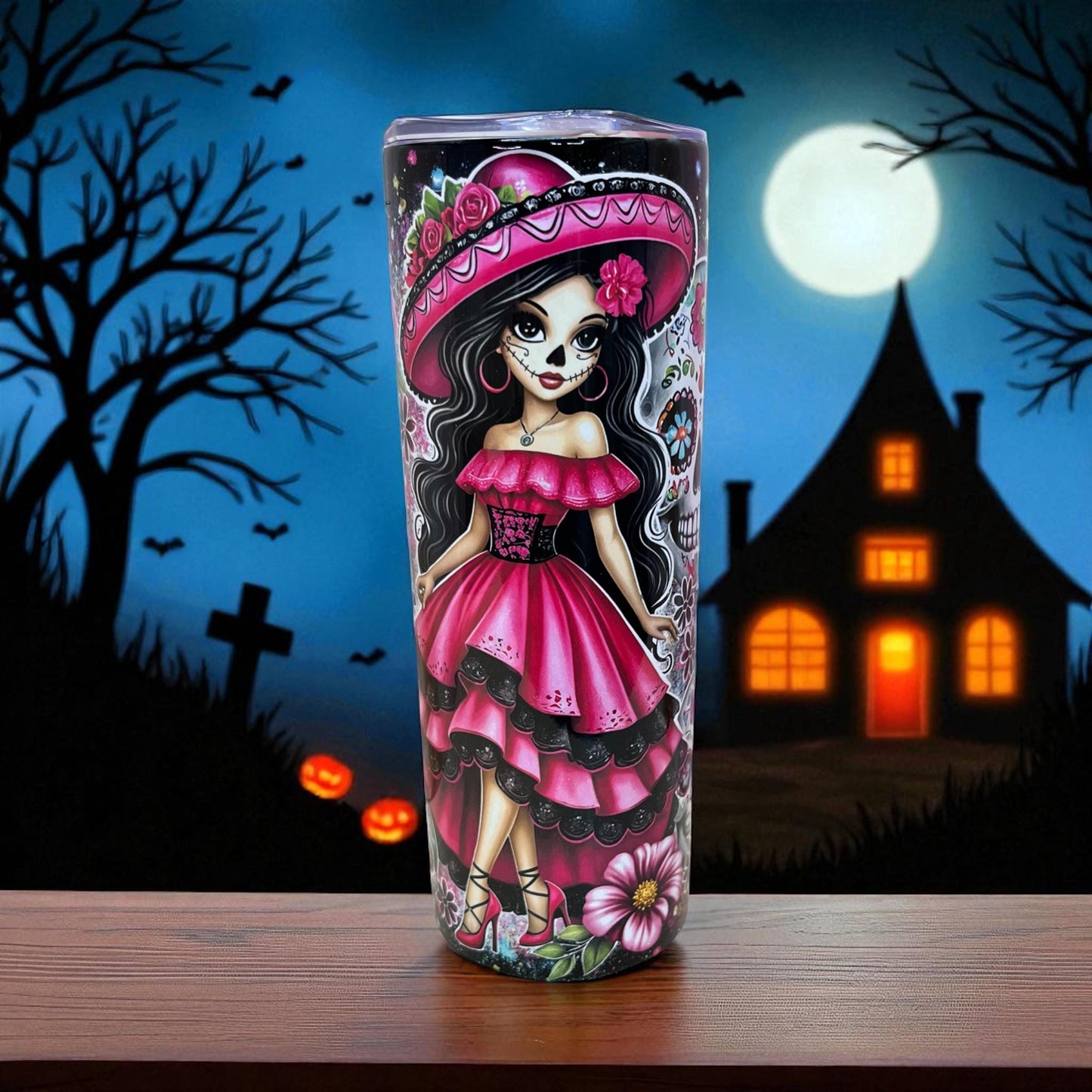 Pretty Pink Mexican Day of the dead tumbler 20 oz, Pink Tumbler Design Mexican Culture