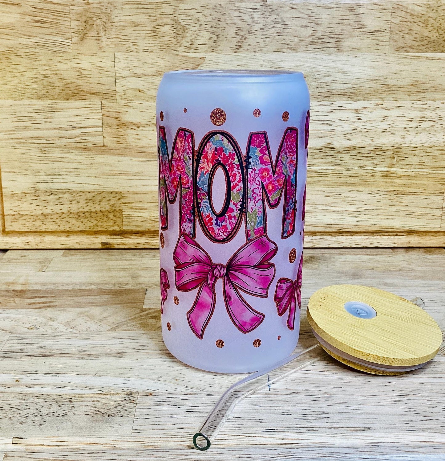 MOM Mug Glass, Coquette Ribbon Bow Mug 16 oz, Gift for Mother's Day