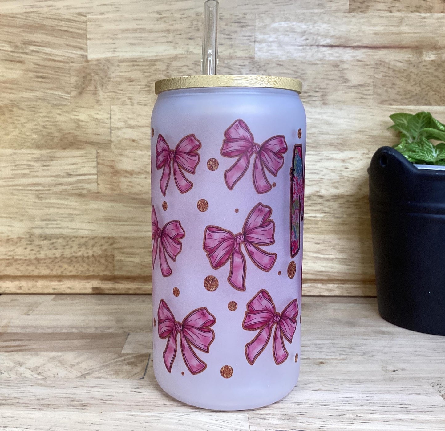 MOM Mug Glass, Coquette Ribbon Bow Mug 16 oz, Gift for Mother's Day