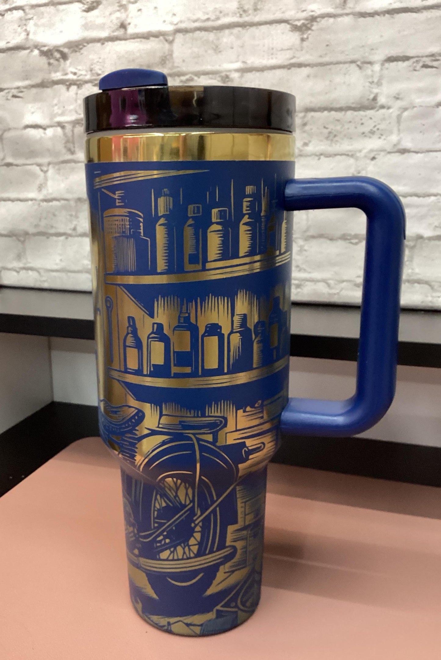 Blue Tumbler 40 oz Mechanic Garage Motorcycle Laser Engraved