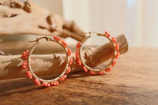 Fantastic Orange Beaded Flower Earrings with Gold Hooks