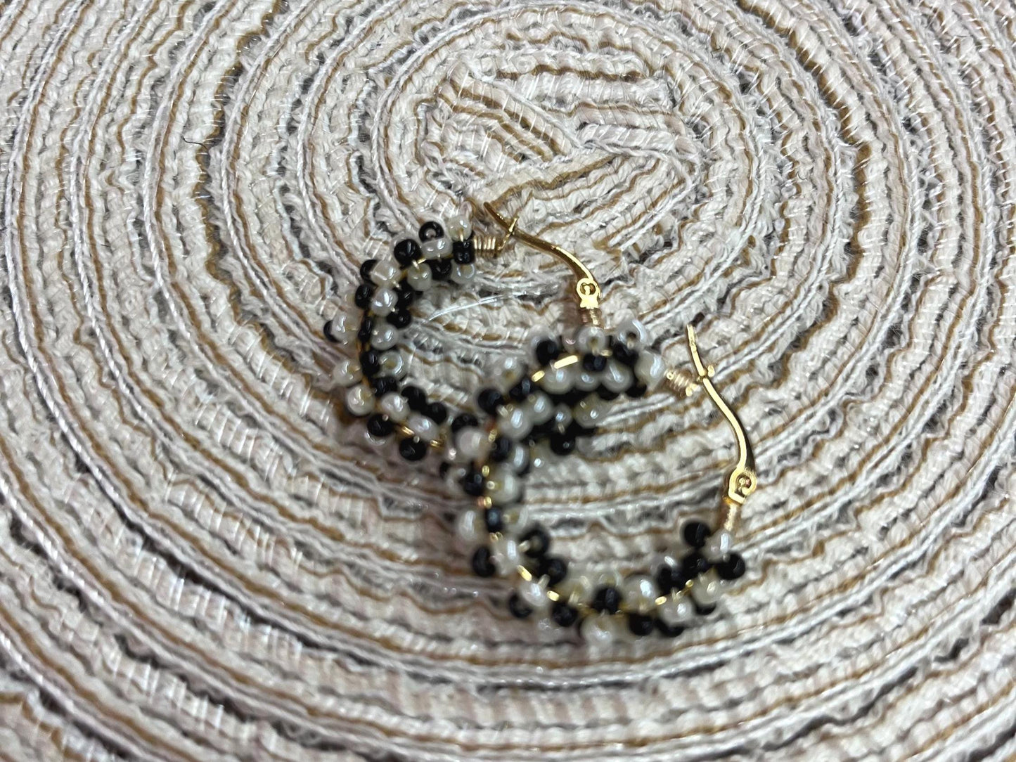 Elegant Black and Beige Beaded Hoop Earrings