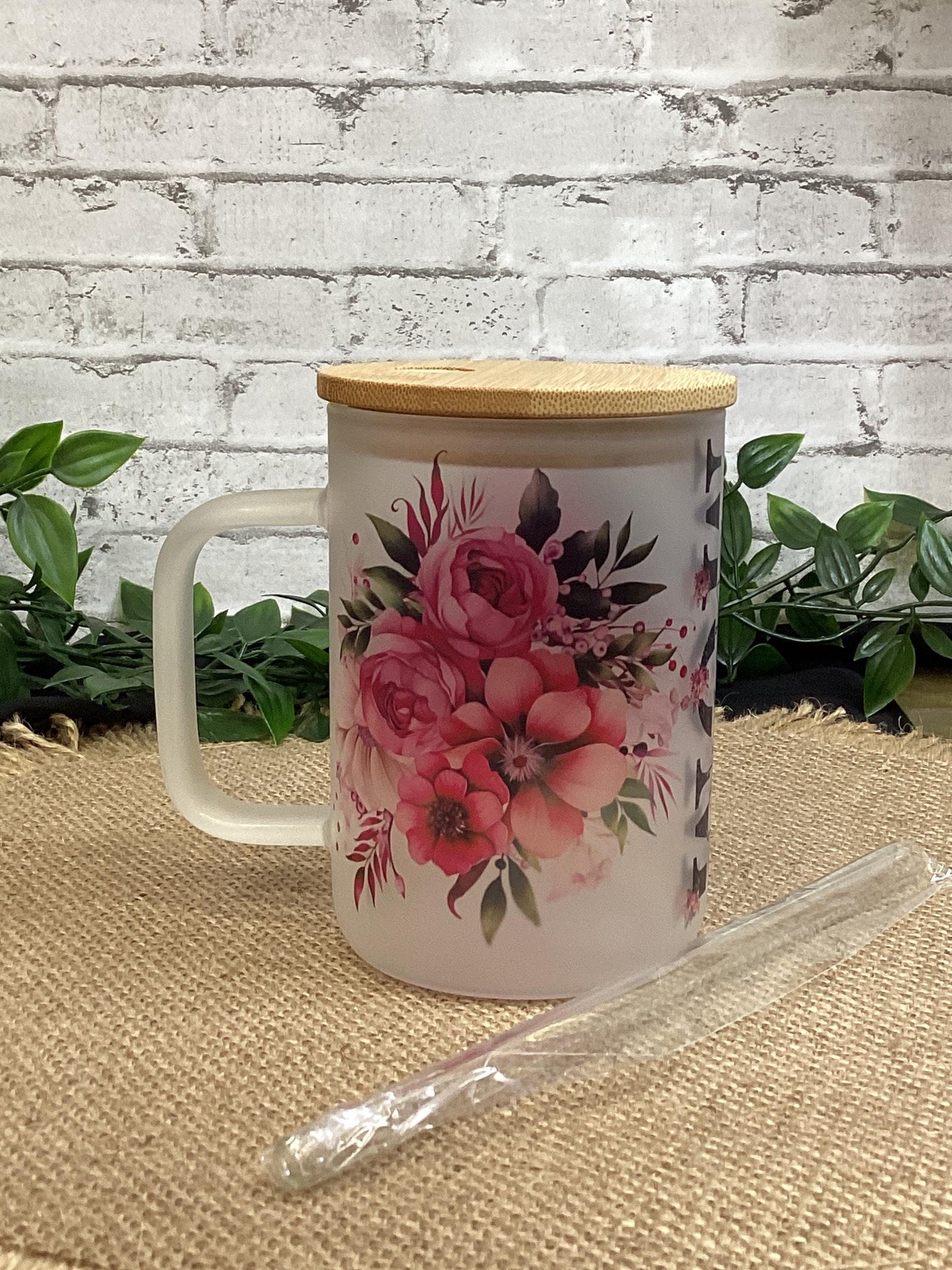 Pink Flower Mom Glass Mug with handle and Bamboo Lid 16 oz