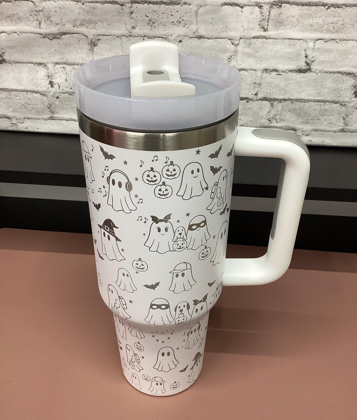 Fun Halloween Ghost  tumbler 40 oz  Laser Engraved - White and silver tumbler with Handle