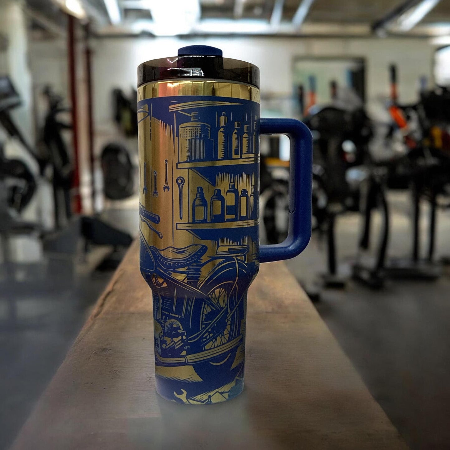 Blue Tumbler 40 oz Mechanic Garage Motorcycle Laser Engraved