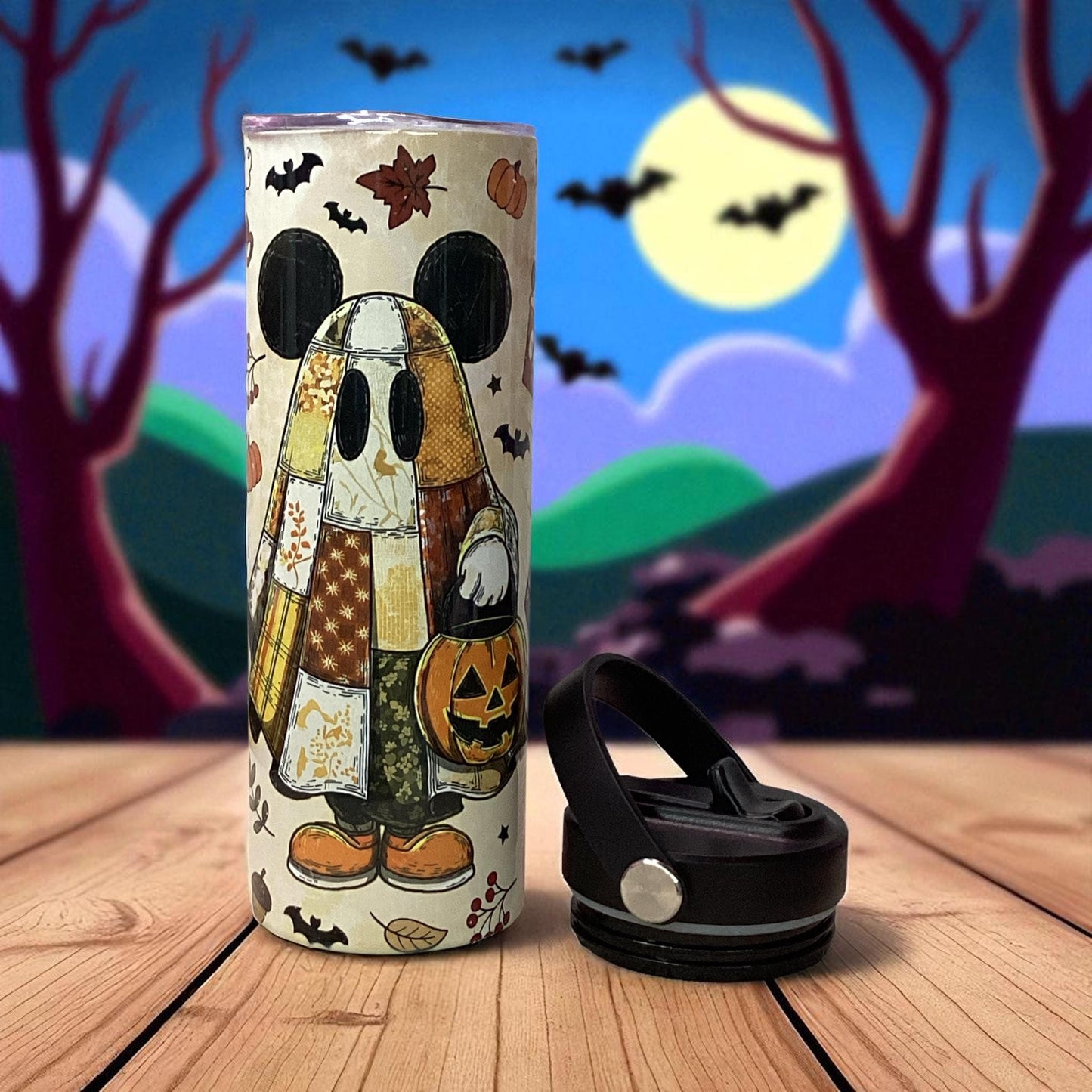 Halloween Ghost Tumbler: Patchwork Cloak, Mickey Ears - 20 oz