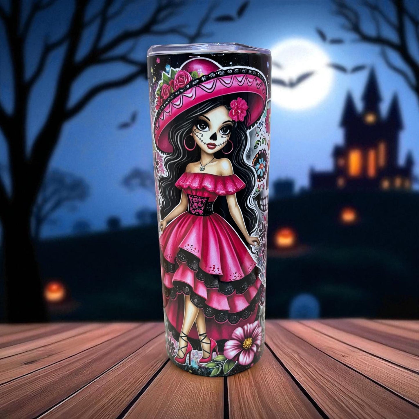 Pretty Pink Mexican Day of the dead tumbler 20 oz, Pink Tumbler Design Mexican Culture