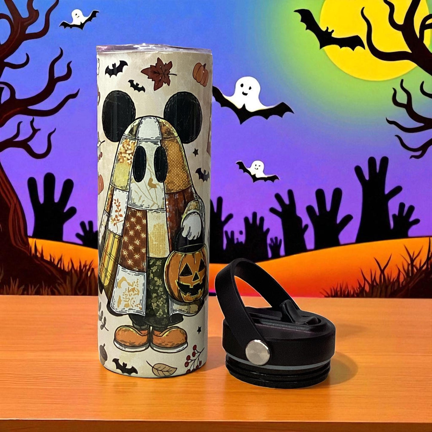 Halloween Ghost Tumbler: Patchwork Cloak, Mickey Ears - 20 oz