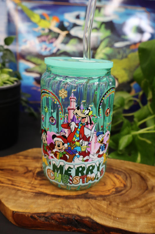 16 oz Green Glass Cup Merry Christmas with Mickey friends - Christmas Mug