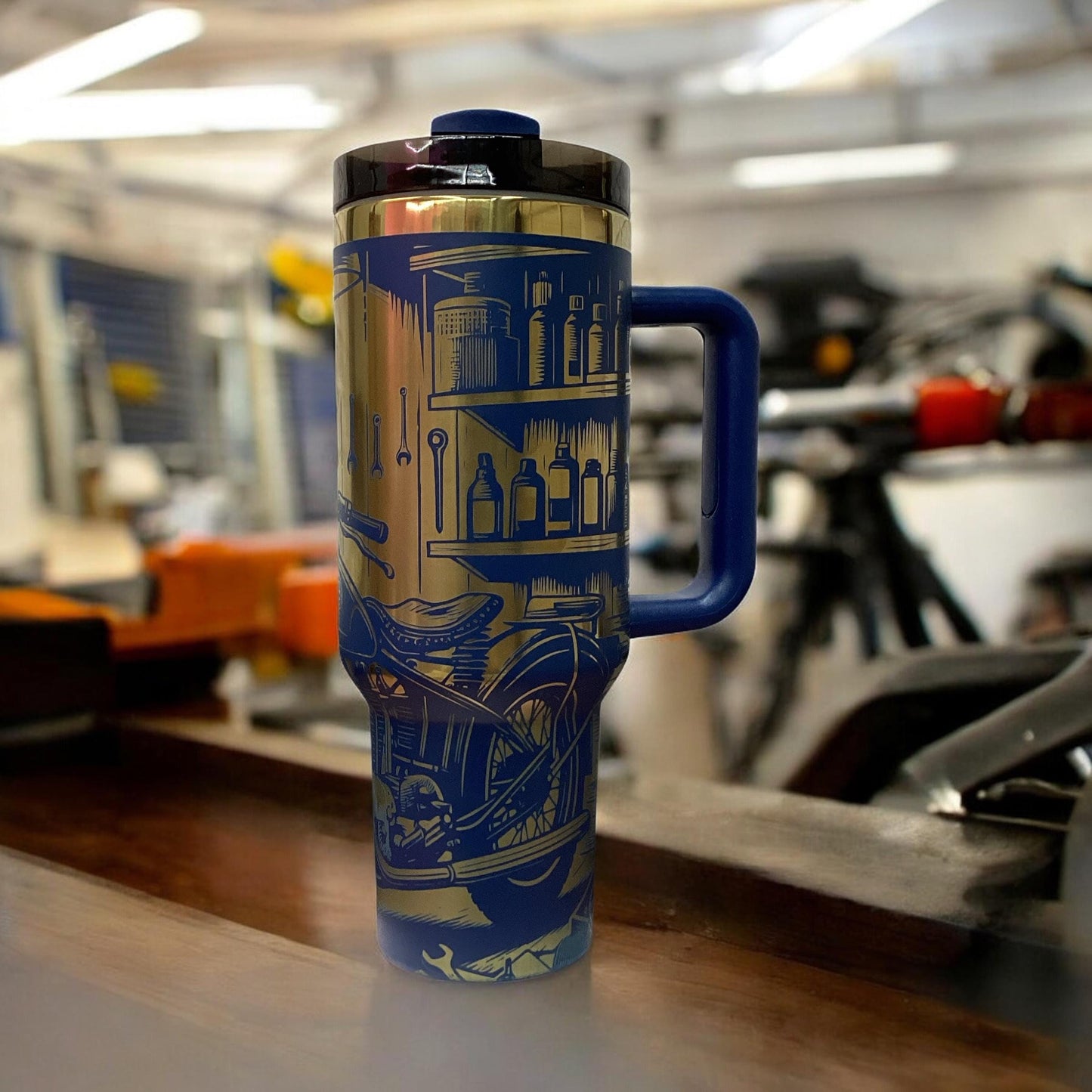 Blue Tumbler 40 oz Mechanic Garage Motorcycle Laser Engraved