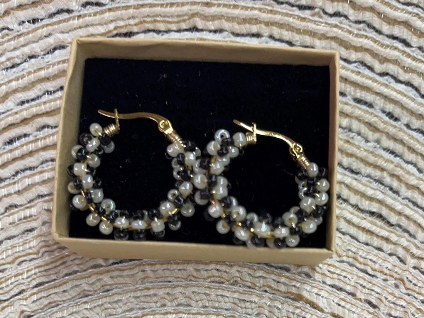 Elegant Black and Beige Beaded Hoop Earrings