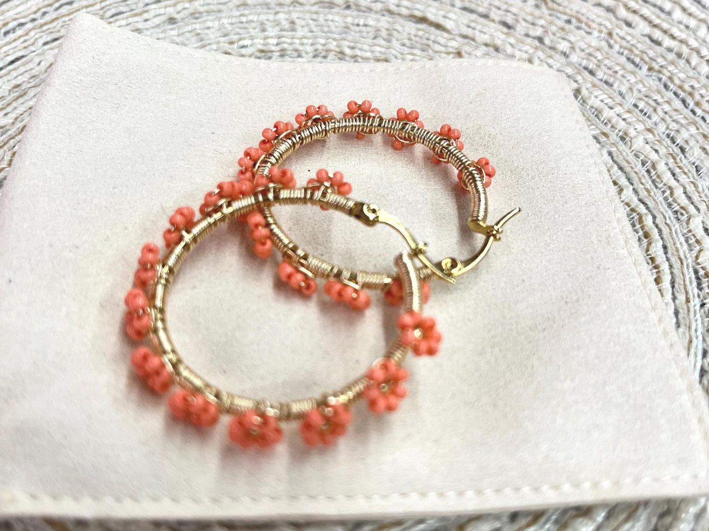 Fantastic Orange Beaded Flower Earrings with Gold Hooks