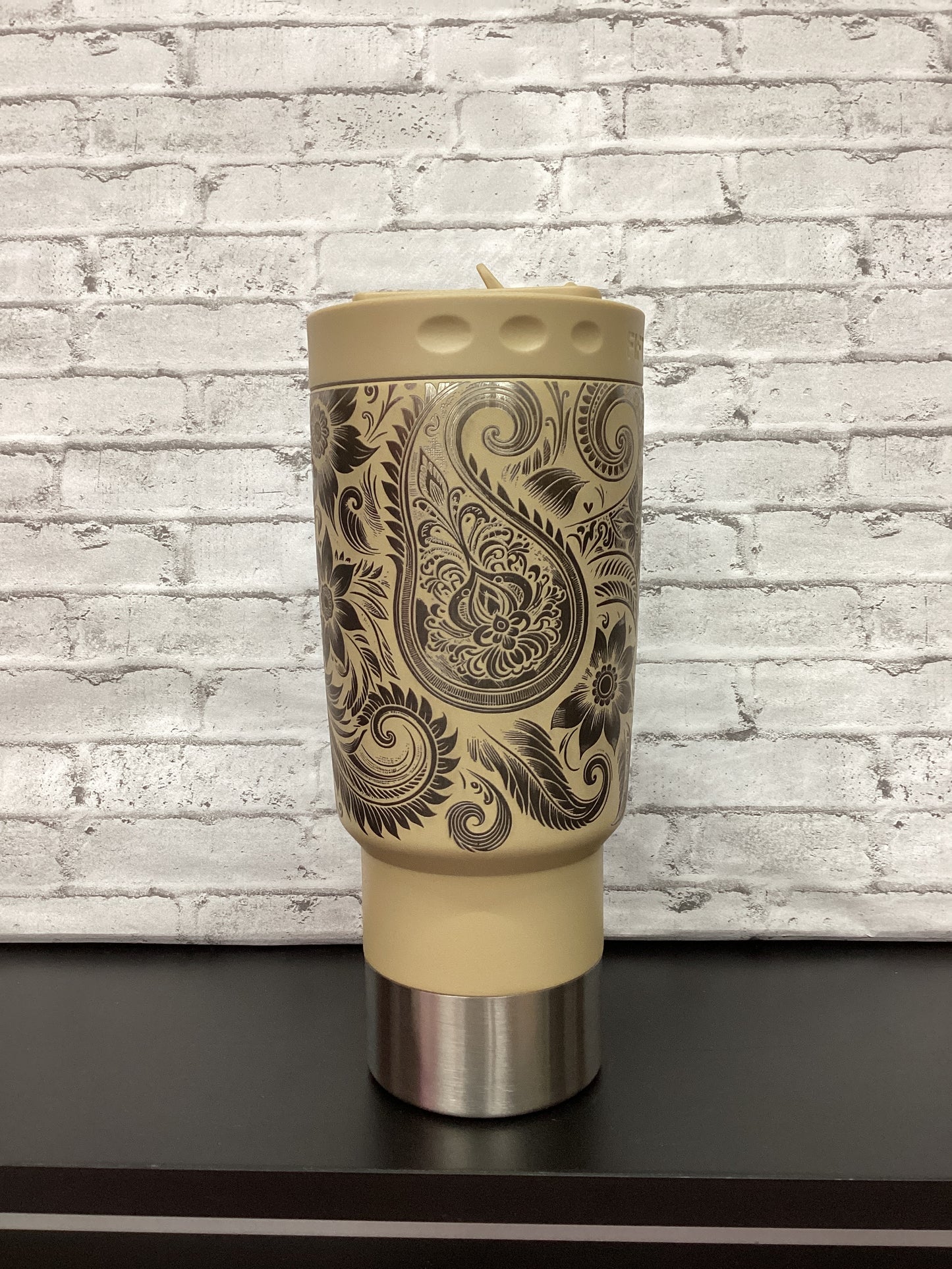The Fifty Fifty 30 oz tumbler Tan color w/ laser.