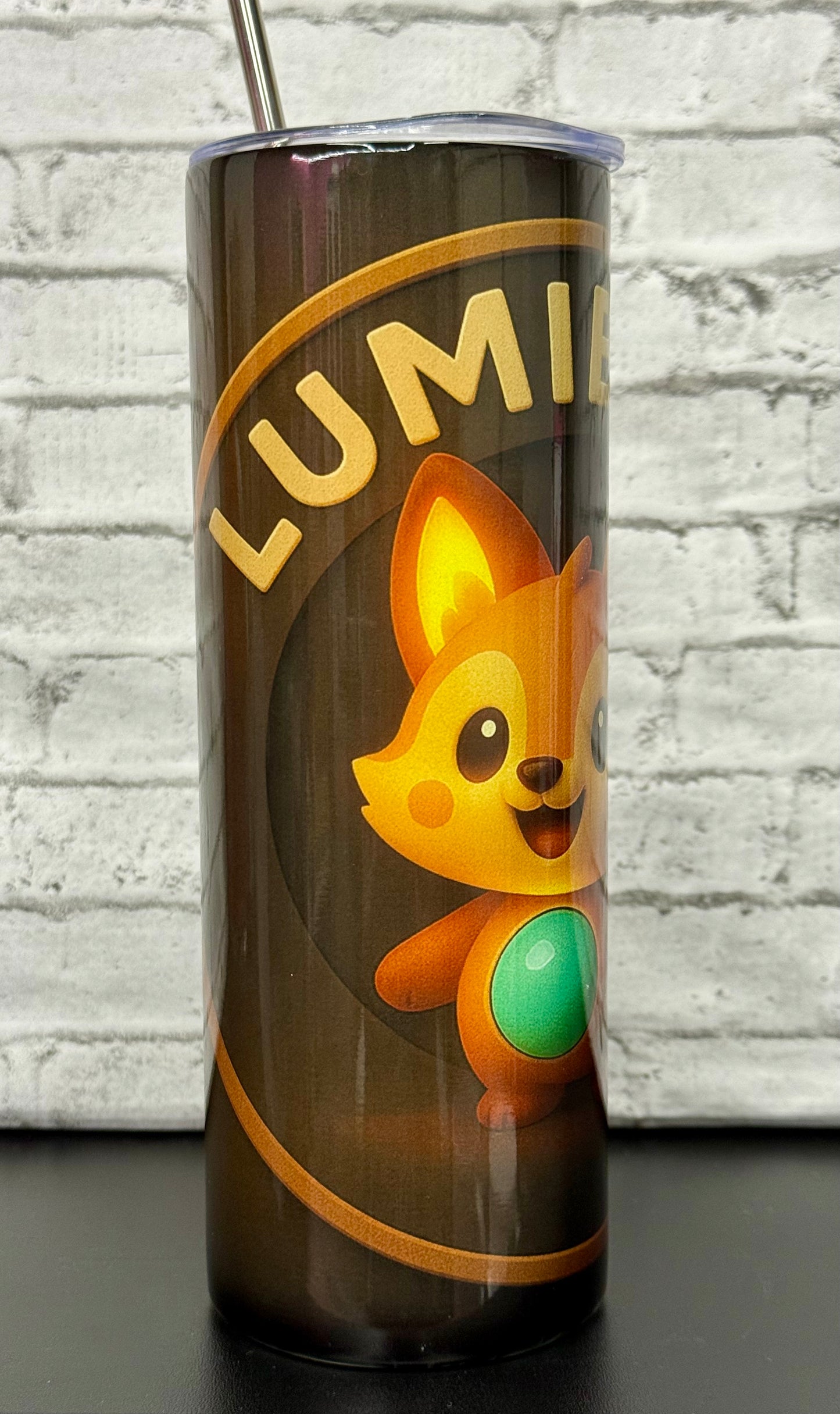 20 oz stainless steel tumbler with a fun Lumibots design