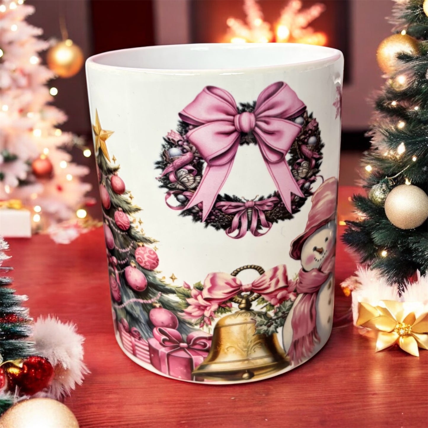 Elegant 11 oz mug featuring charming pink snowman Christmas