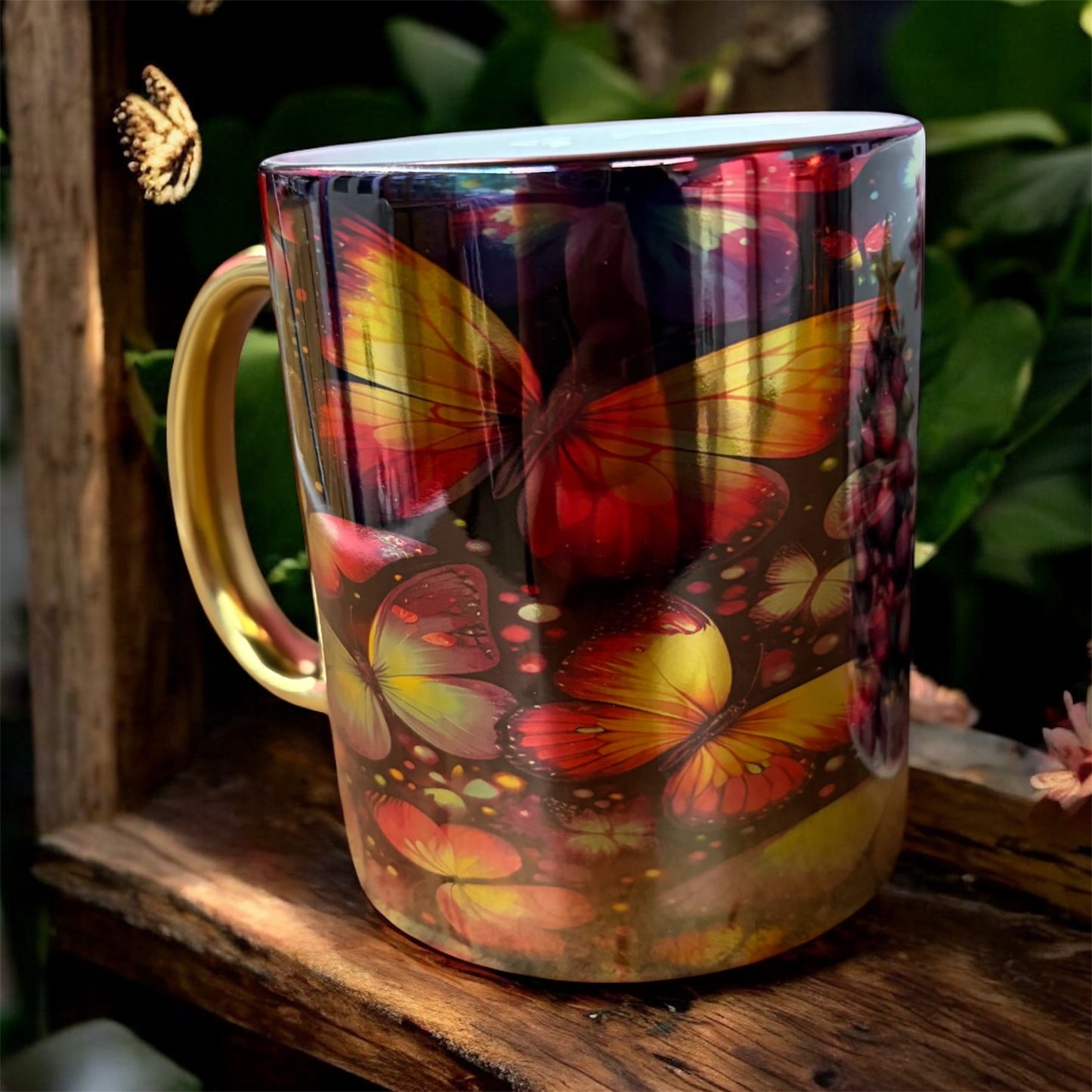 11 oz Metallic Gold Mug showcases detailed Butterfly Design