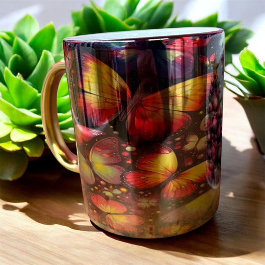 11 oz Metallic Gold Mug showcases detailed Butterfly Design